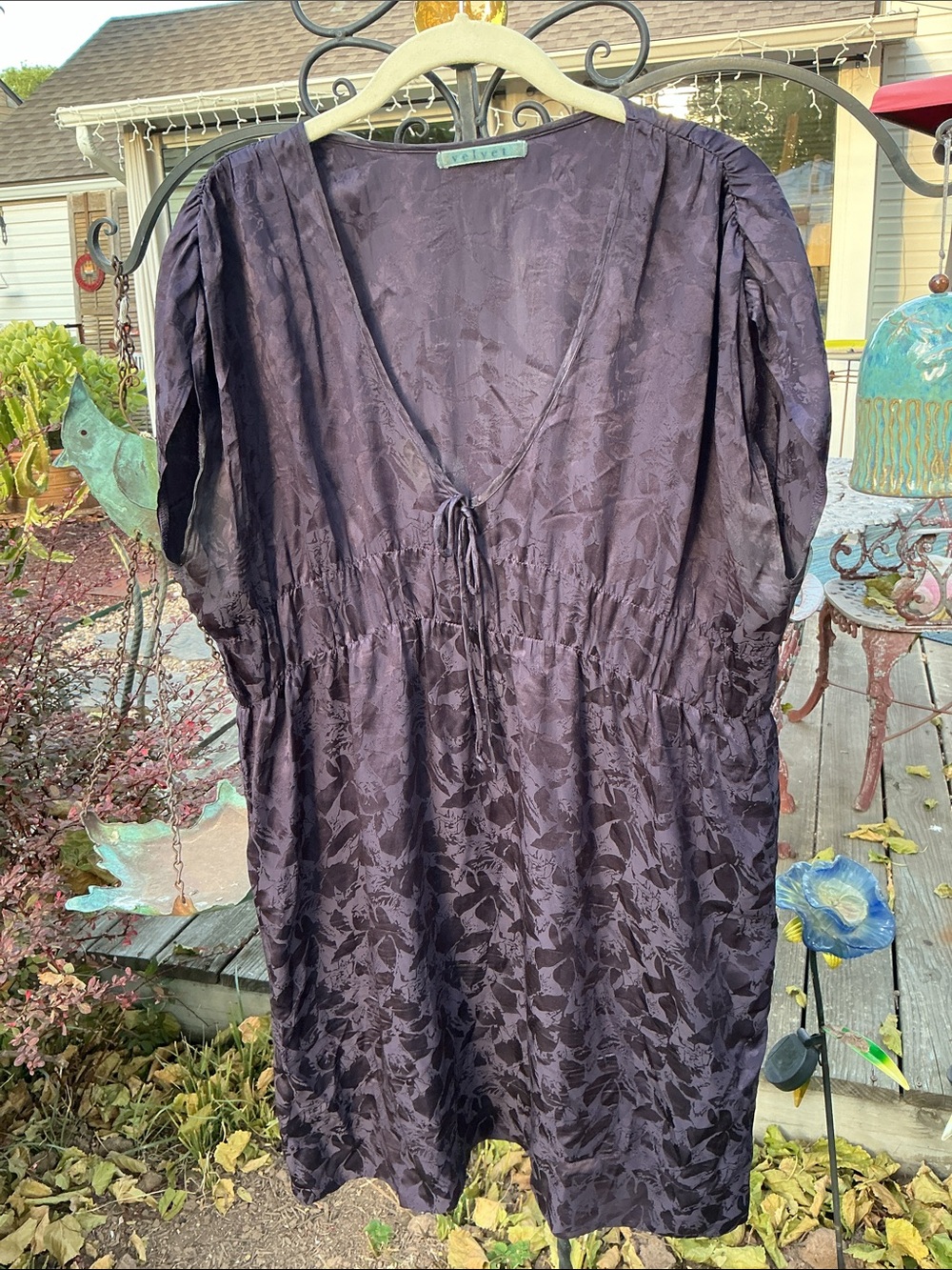 Velvet Black Floral Jacquard V-Neck Tunic with Tie 100% silk